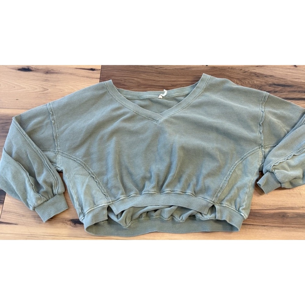 Daily Practice Anthtopologie Green Thermal Waffle Knit Cropped Sweatshirt S